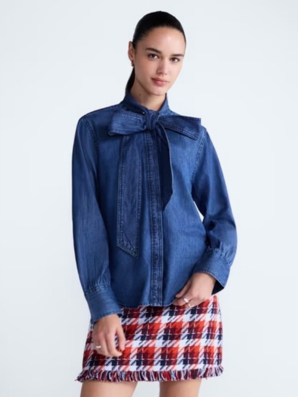 Denim Tie-Neck Blouse - Blue
